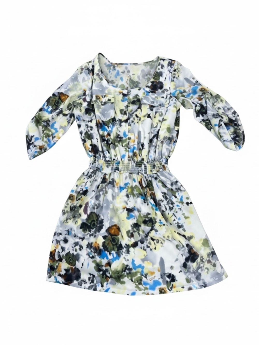 Gianni Bini‎ Abstract Floral Blouson Mini Dress L Elastic Waist Roll-Tab Sleeve